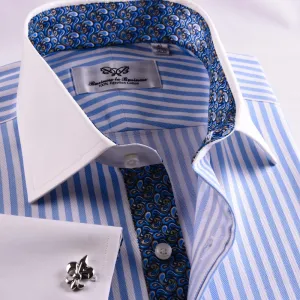 Light Blue Striped Herringbone Dress Shirt Formal Contrast Collar and French Cuff Business Fashion Design