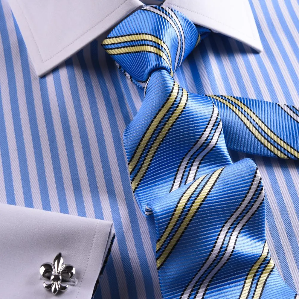 Light Blue Striped Herringbone Dress Shirt Formal Contrast Collar and French Cuff Business Fashion Design