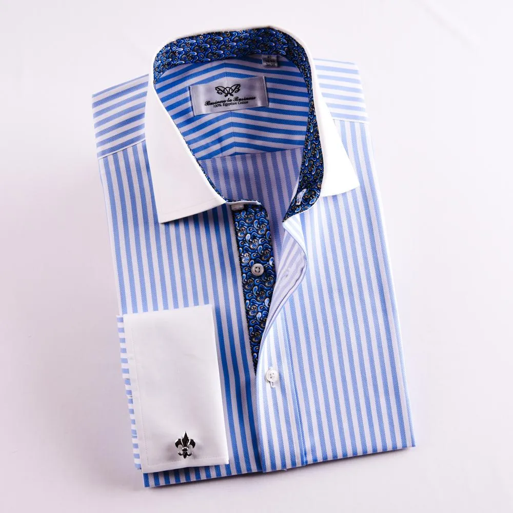 Light Blue Striped Herringbone Dress Shirt Formal Contrast Collar and French Cuff Business Fashion Design