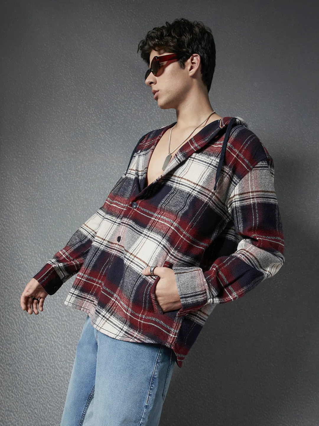 Men Relax fit cotton brushed flannel street look Multi checked hoodie shacket