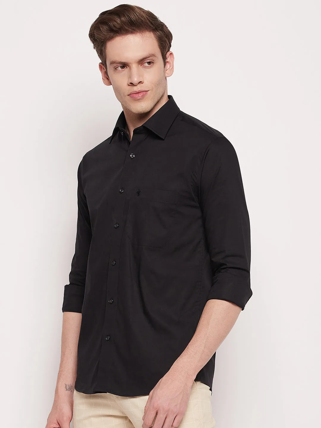 Men's Black Formal Plain Stretch Full Sleeve Shirt