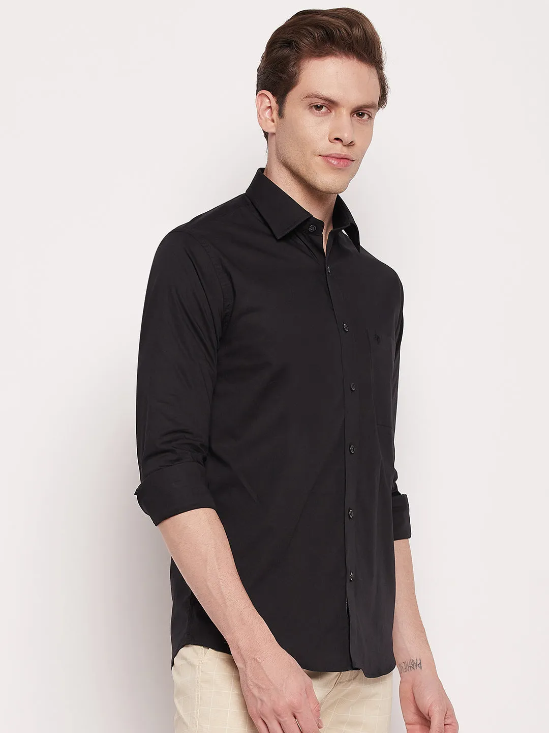 Men's Black Formal Plain Stretch Full Sleeve Shirt