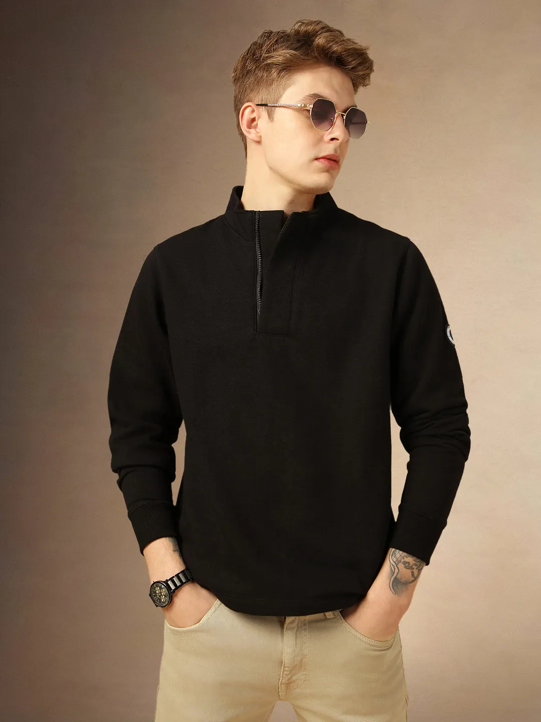 Men's Black Solid Mock Collar Full Sleeves Sweatshirt