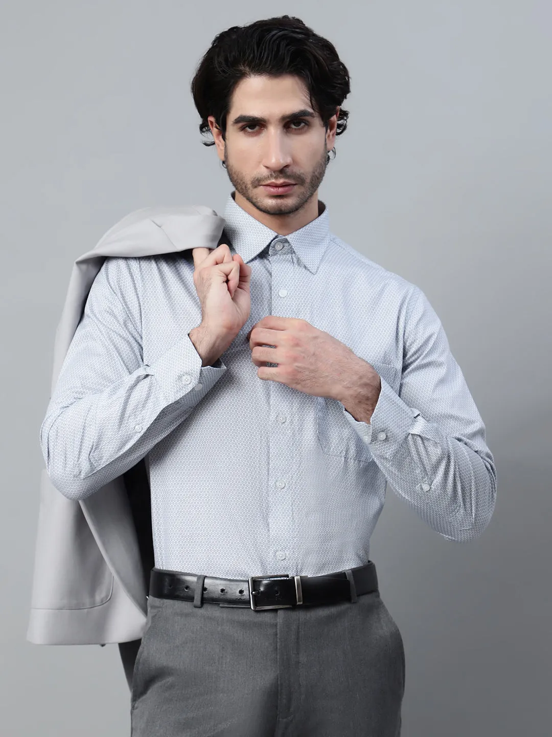 Men's Dark Grey Formal Geometric Print Full Sleeve Shirt