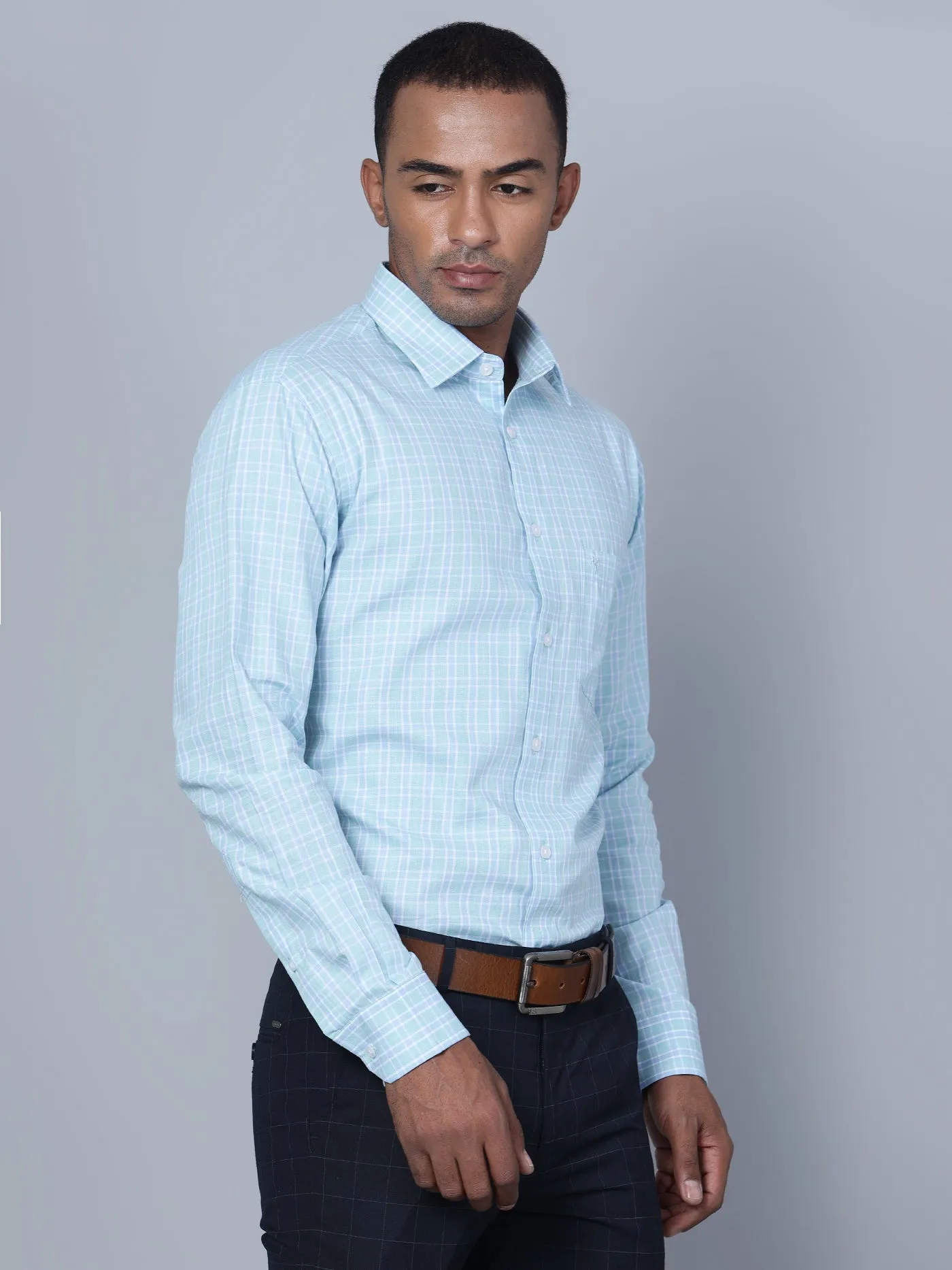 Men's Mint Blue Formal Small Checks Full Sleeve Shirt