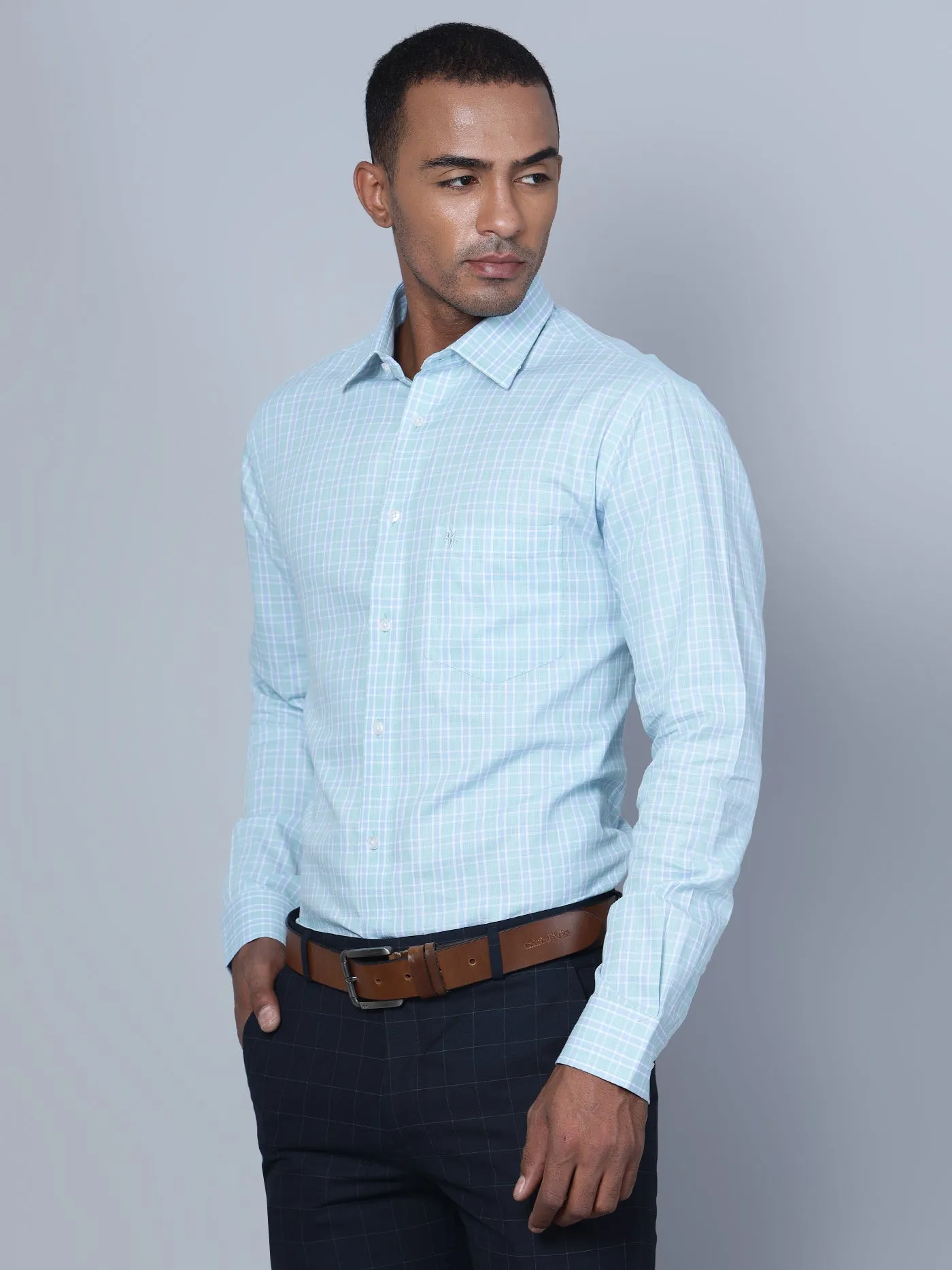 Men's Mint Blue Formal Small Checks Full Sleeve Shirt