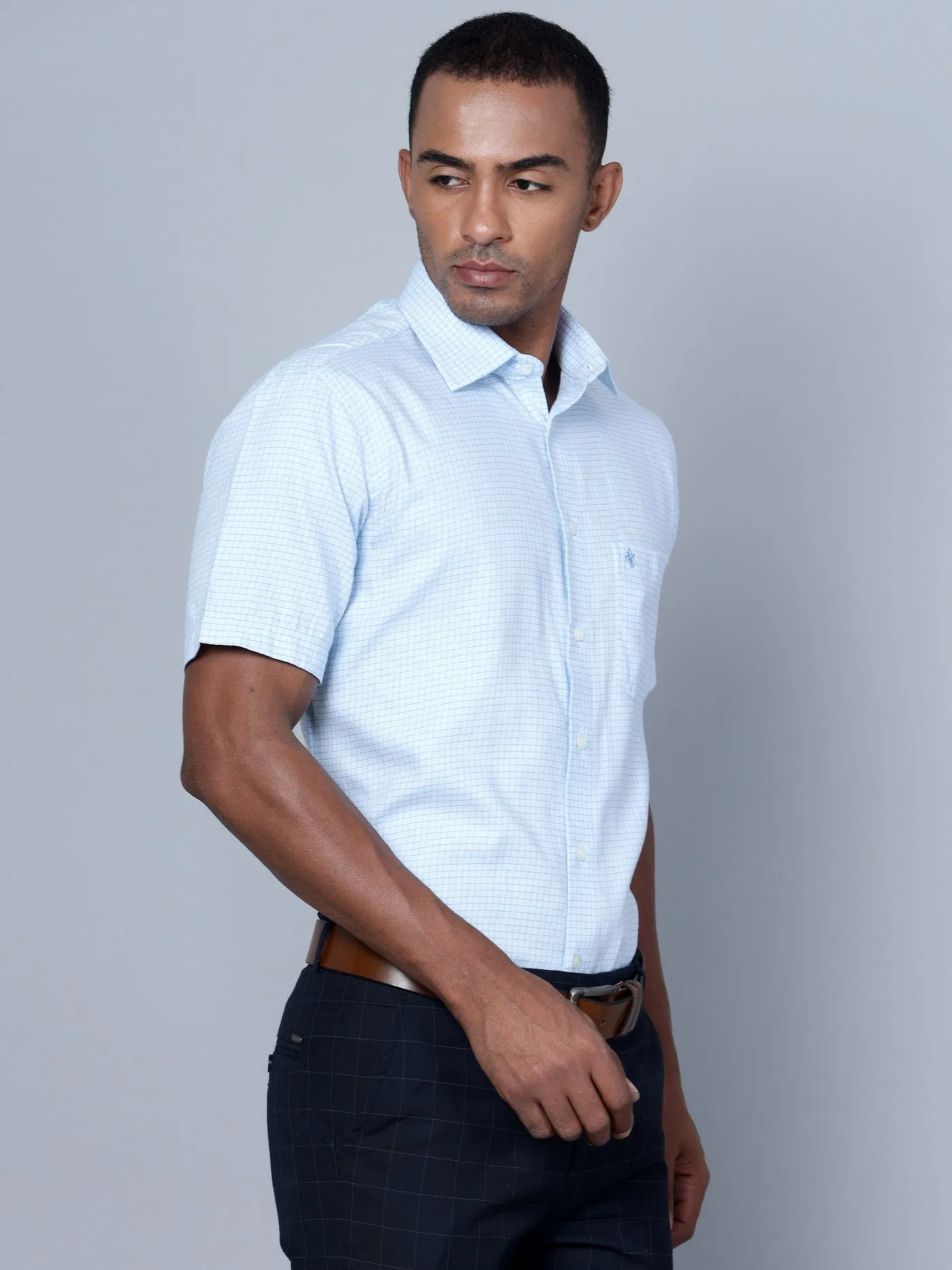 Men's Sky Blue Formal Small Checks Half Sleeve Shirt