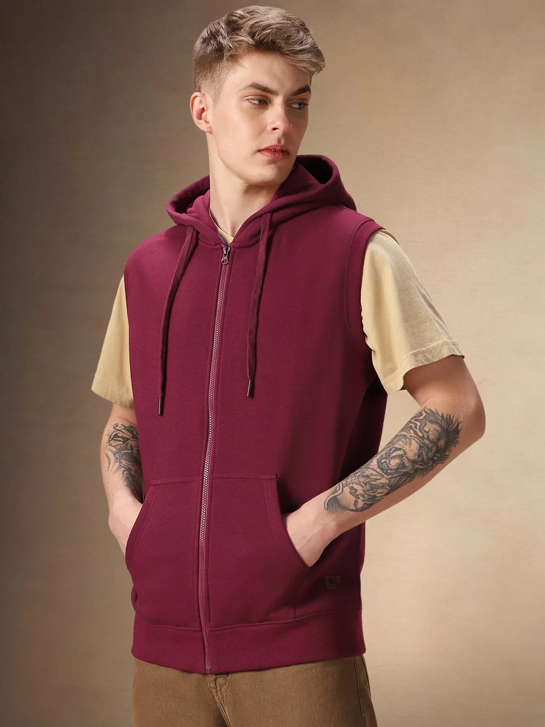 Men's Solid Maroon Hooded Sleeveless Hoodie