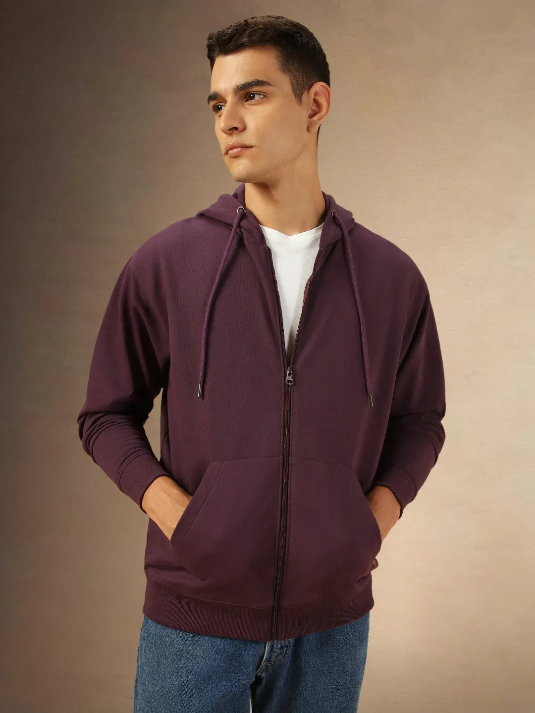 Men's Solid Plum Full Sleeves Front Open Hooded Hoodie