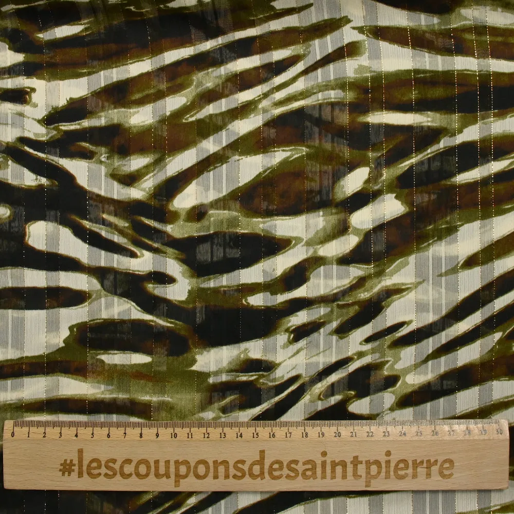 Mousseline imprimée bande satin camouflage partiel fond écru