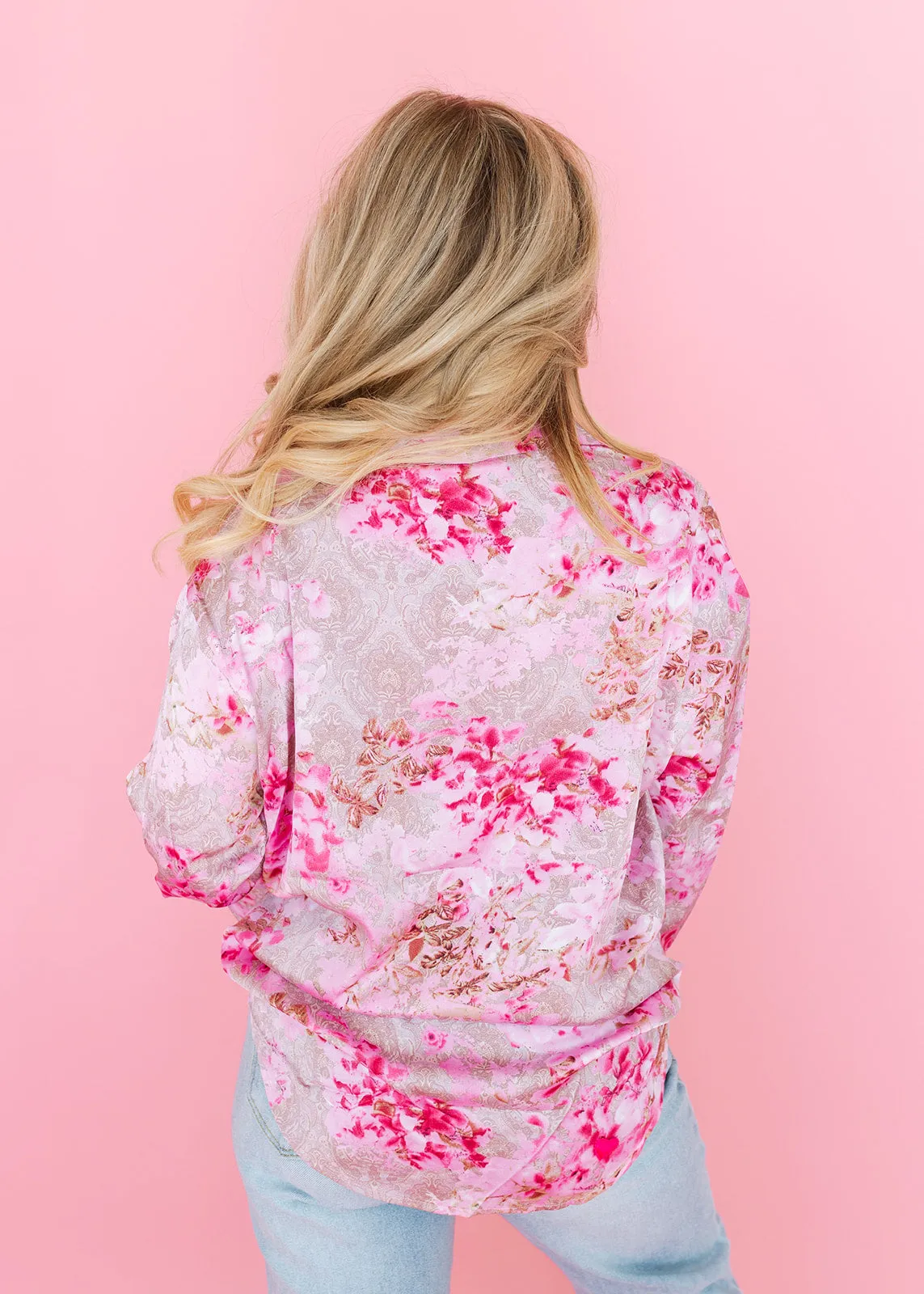 Paisley Pink Satin Button Top