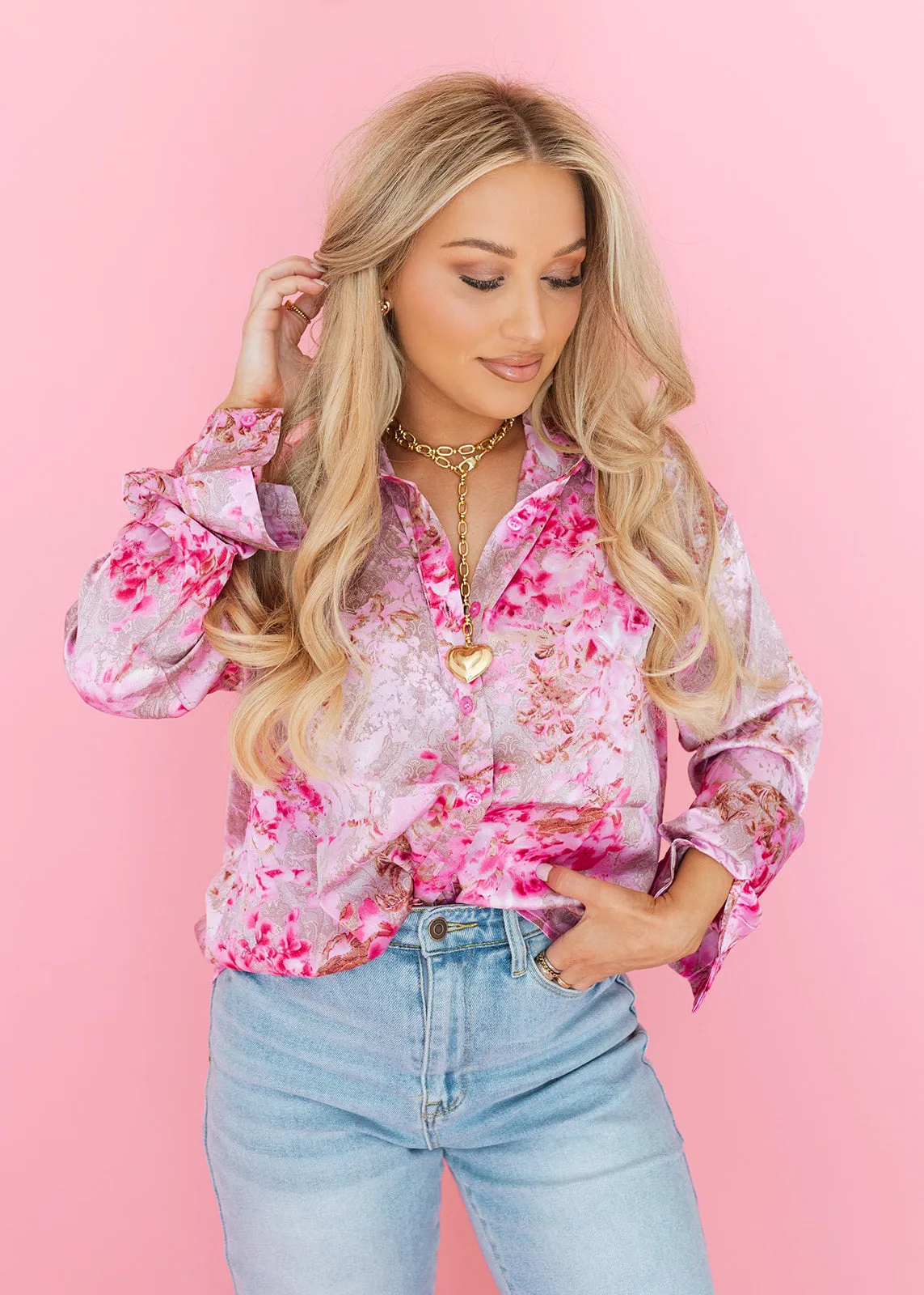 Paisley Pink Satin Button Top