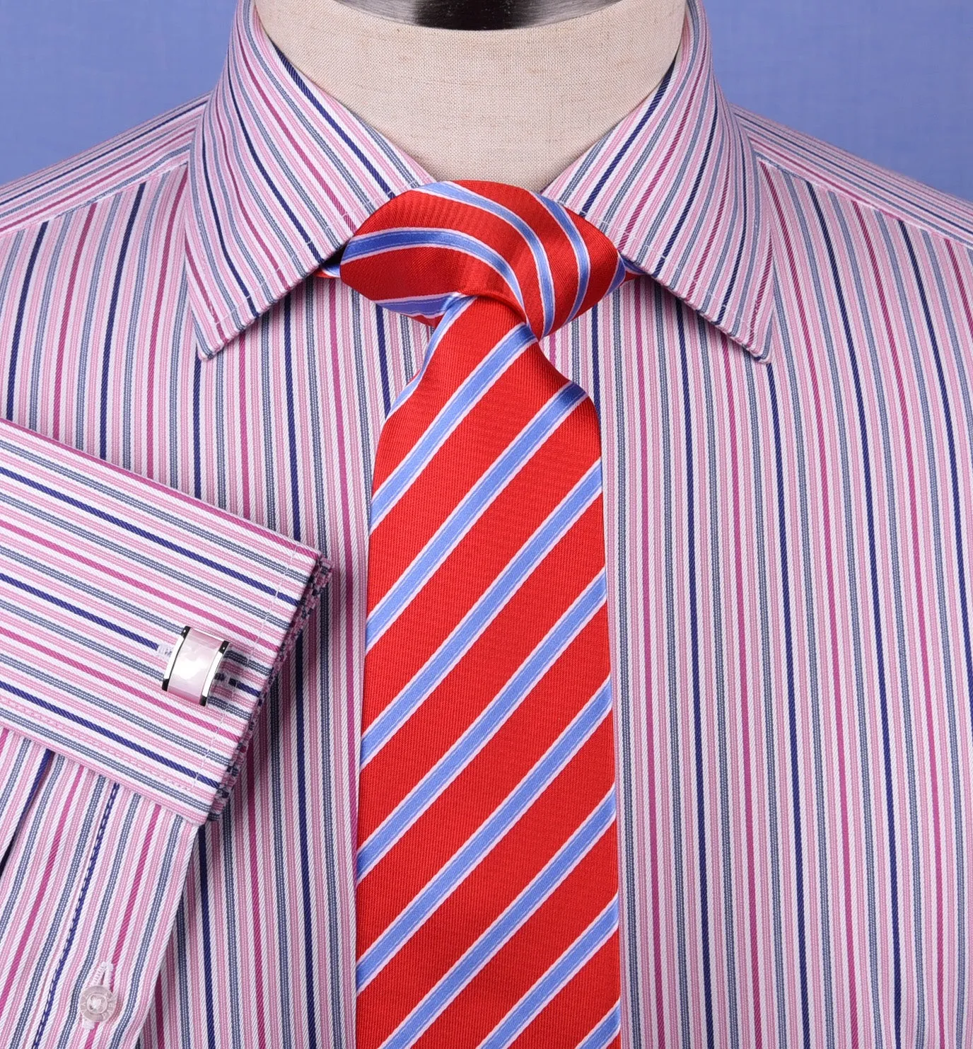 Pink Blue Soft Stripe Formal Business Dress Shirt Designer Stylish Fashion Style Double Cuff