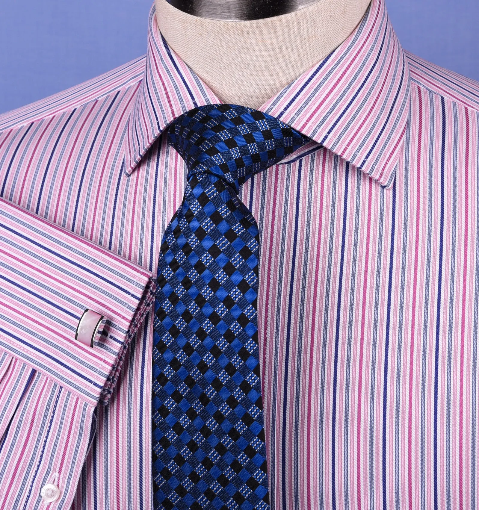 Pink Blue Soft Stripe Formal Business Dress Shirt Designer Stylish Fashion Style Double Cuff