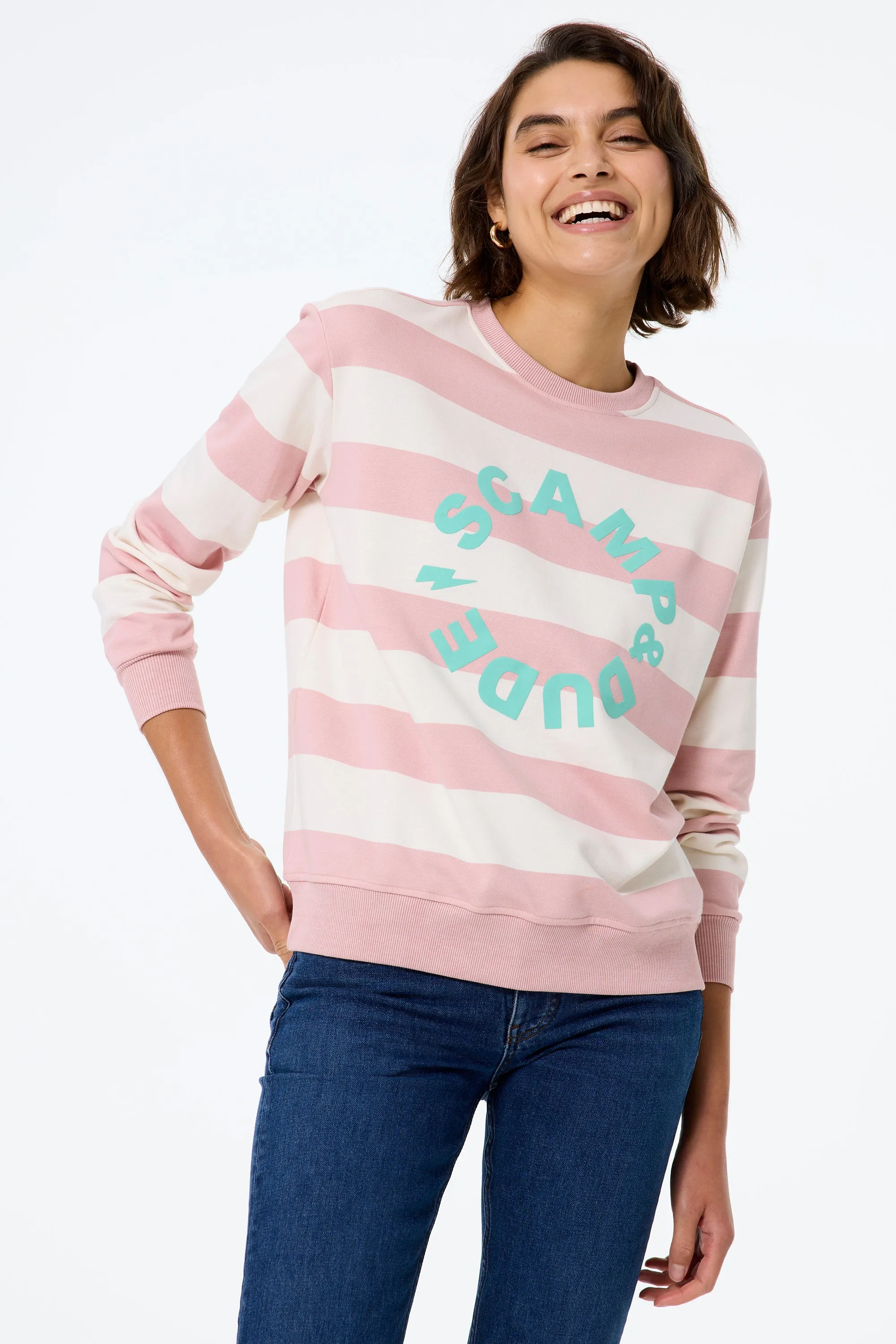 Pink with Cream Stripe and Logo Oversized Sweatshirt