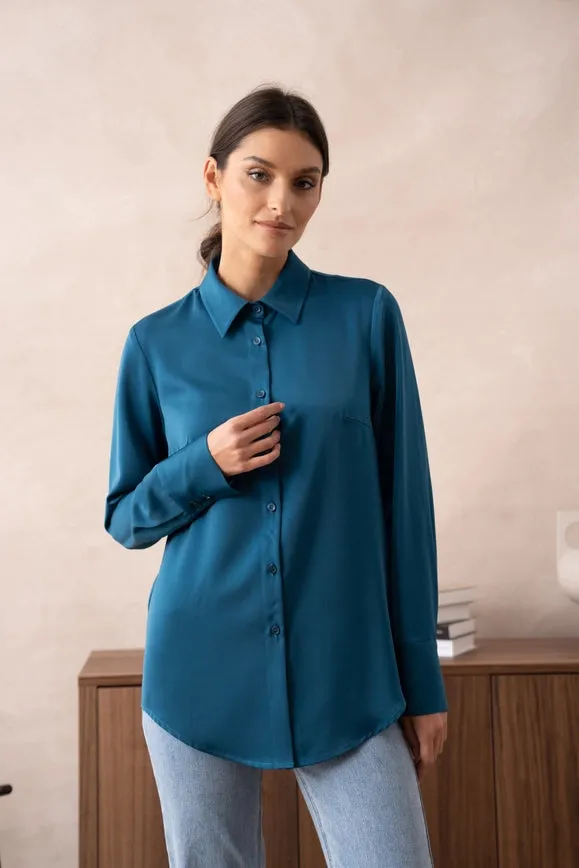 Plain Satin Shirt with Lapel Collar  Duck Blue