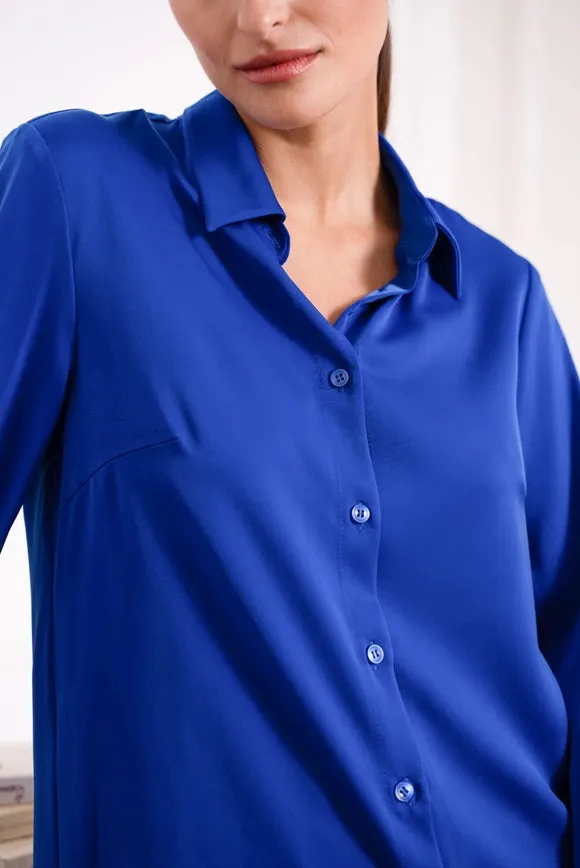 Plain Satin Shirt with Lapel Collar Royal Blue