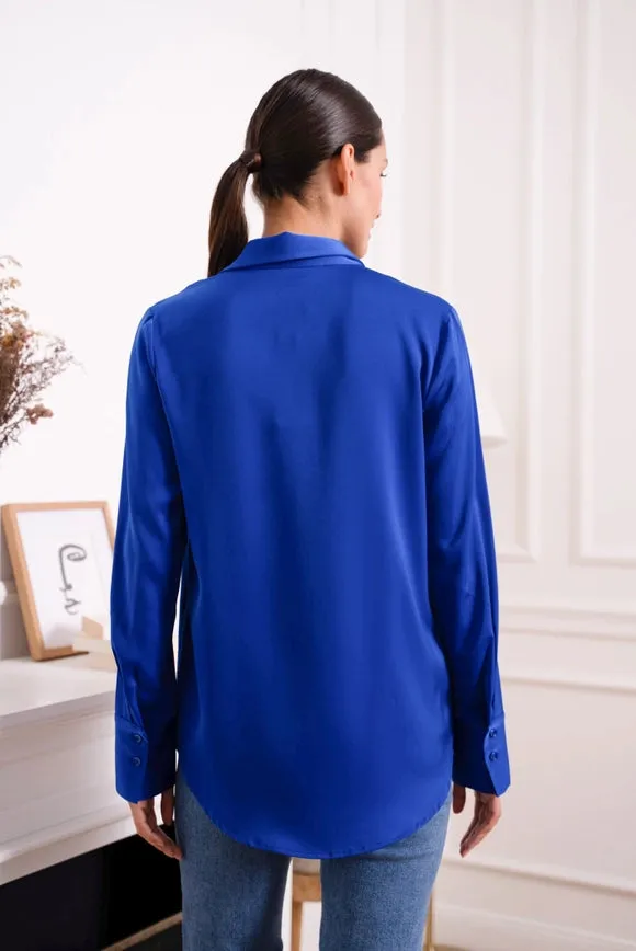 Plain Satin Shirt with Lapel Collar Royal Blue