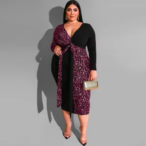 Plus Size Leopard Print Multicolor Printing Deep V Plunge Plunge Sheath Tight with Belt Long Women Dress