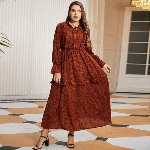 Plus Size O-Neck Ruffles A-Line Casual Maxi Dress