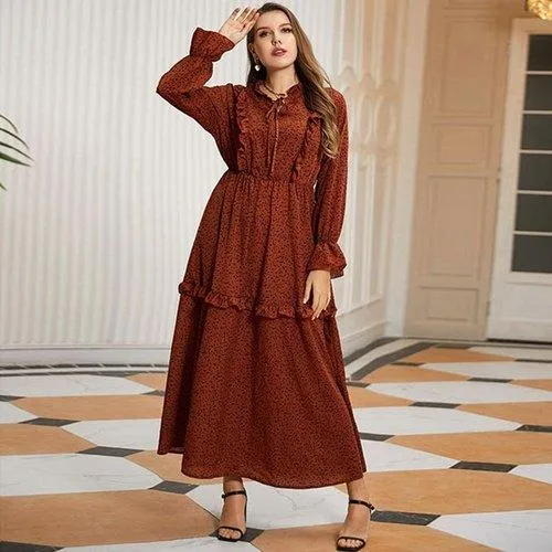 Plus Size O-Neck Ruffles A-Line Casual Maxi Dress