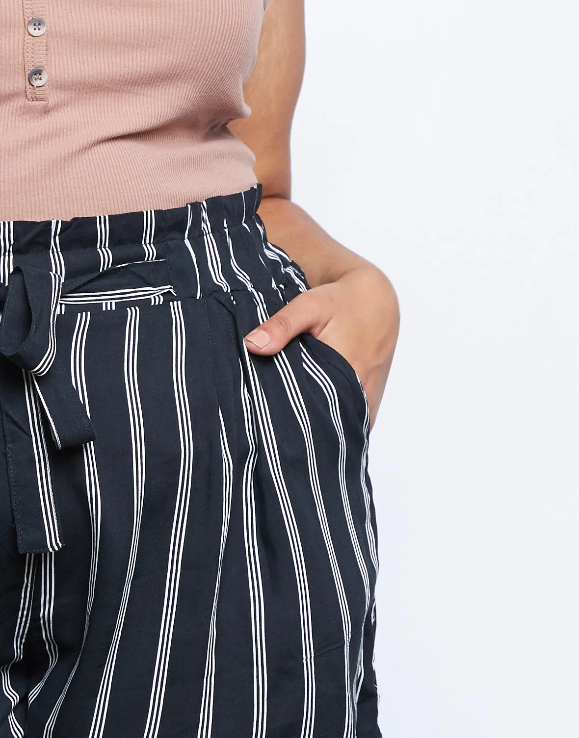 Plus Size Striped Paper Bag Shorts