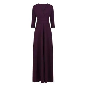 Purple Aubergine V Neck 3/4 Sleeve Maxi Dress