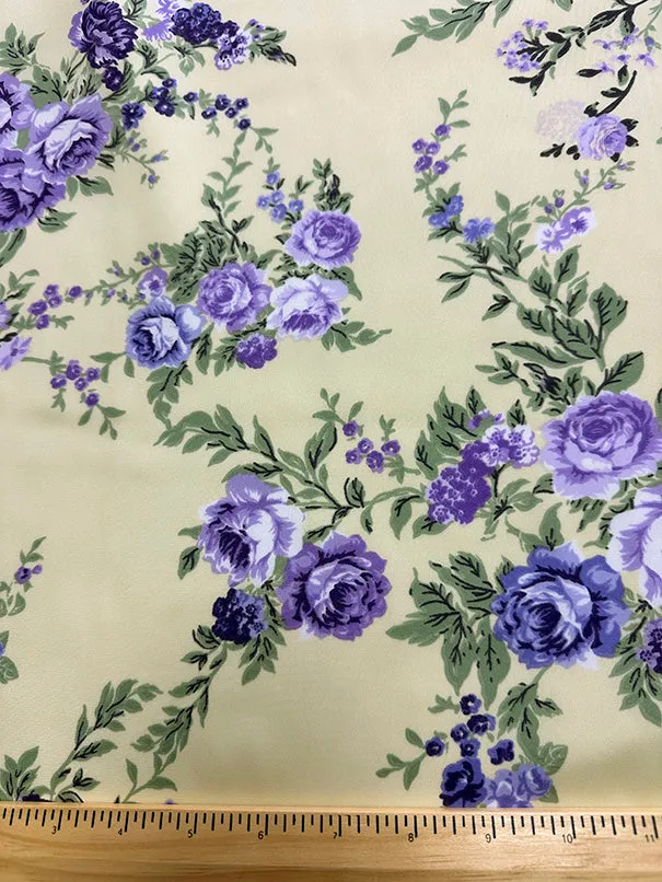 Purple Roses Print Poly Charmeuse Satin Fabric