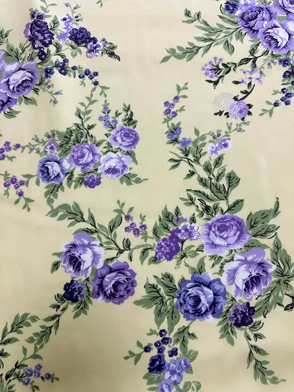 Purple Roses Print Poly Charmeuse Satin Fabric