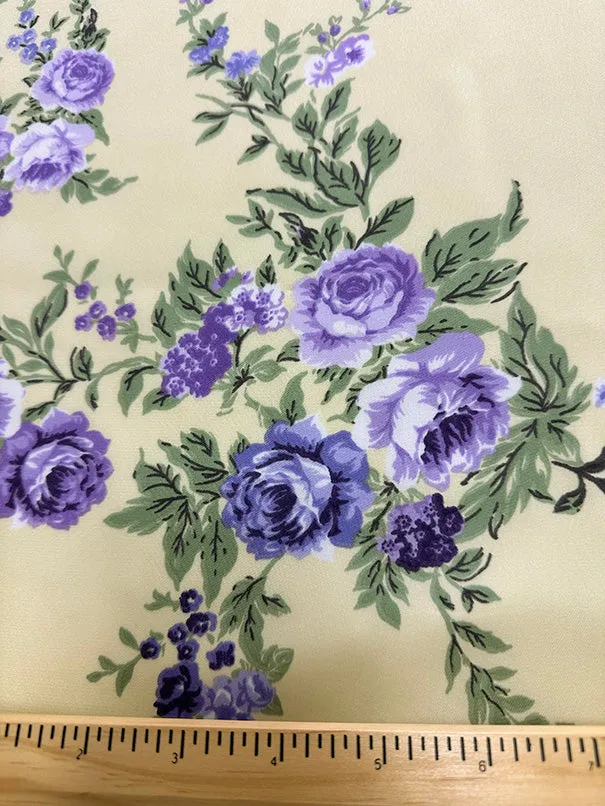 Purple Roses Print Poly Charmeuse Satin Fabric