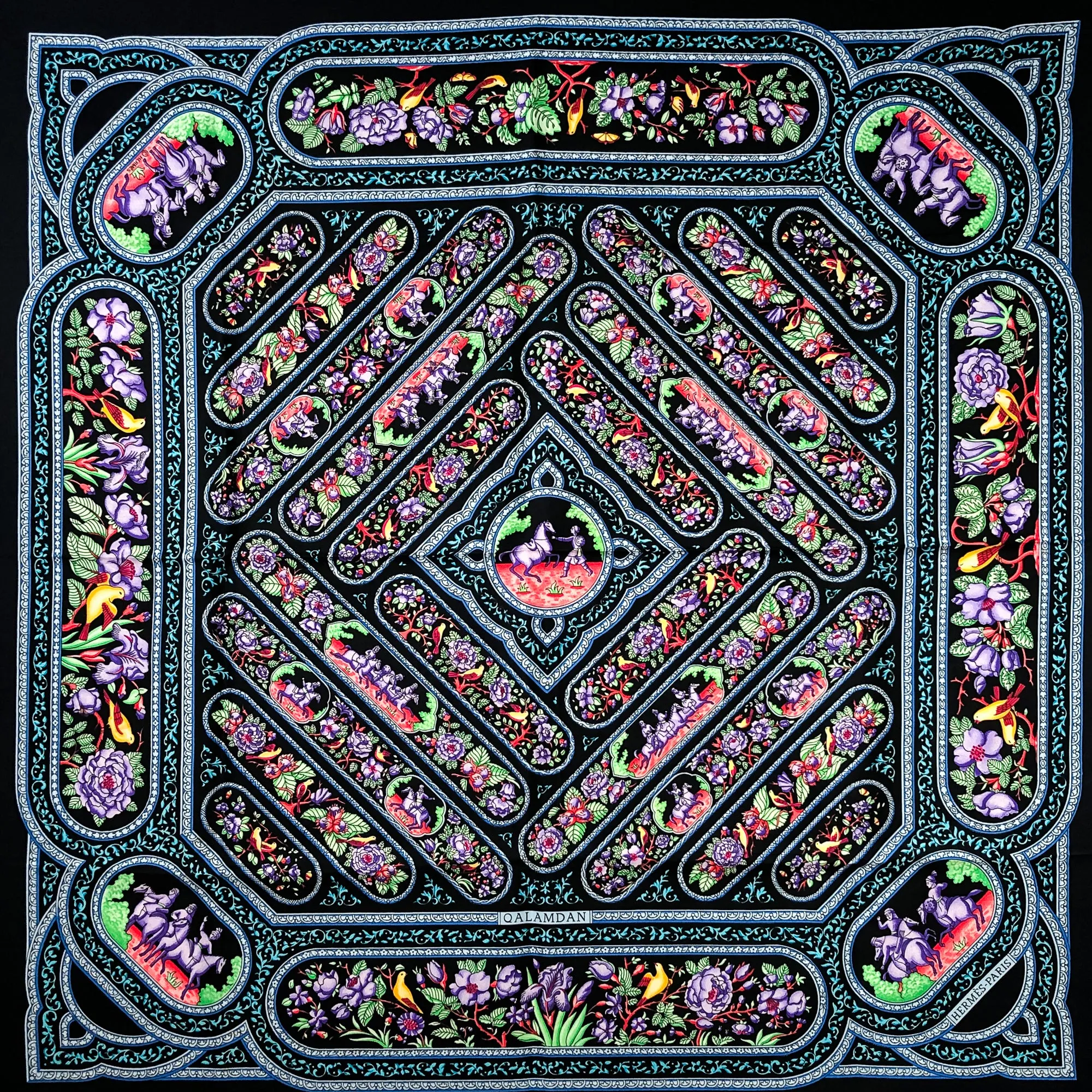 Qalamdan Hermes Scarf by Catherine Baschet 90 cm Silk Twill RARE Black Col.