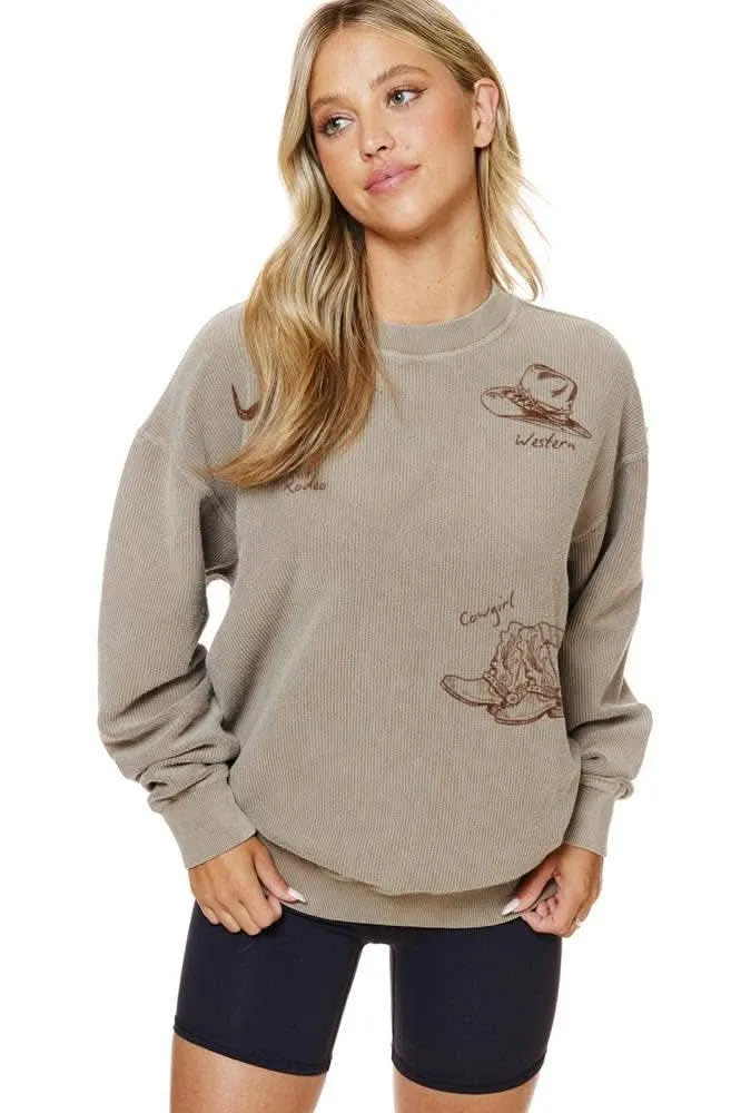 Rodeo Western Cowgirl Camel Long Sleeve Corduroy Sweatshirt