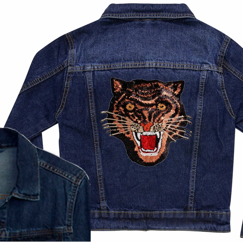 Rose Gold Sequin Tiger Denim Jacket