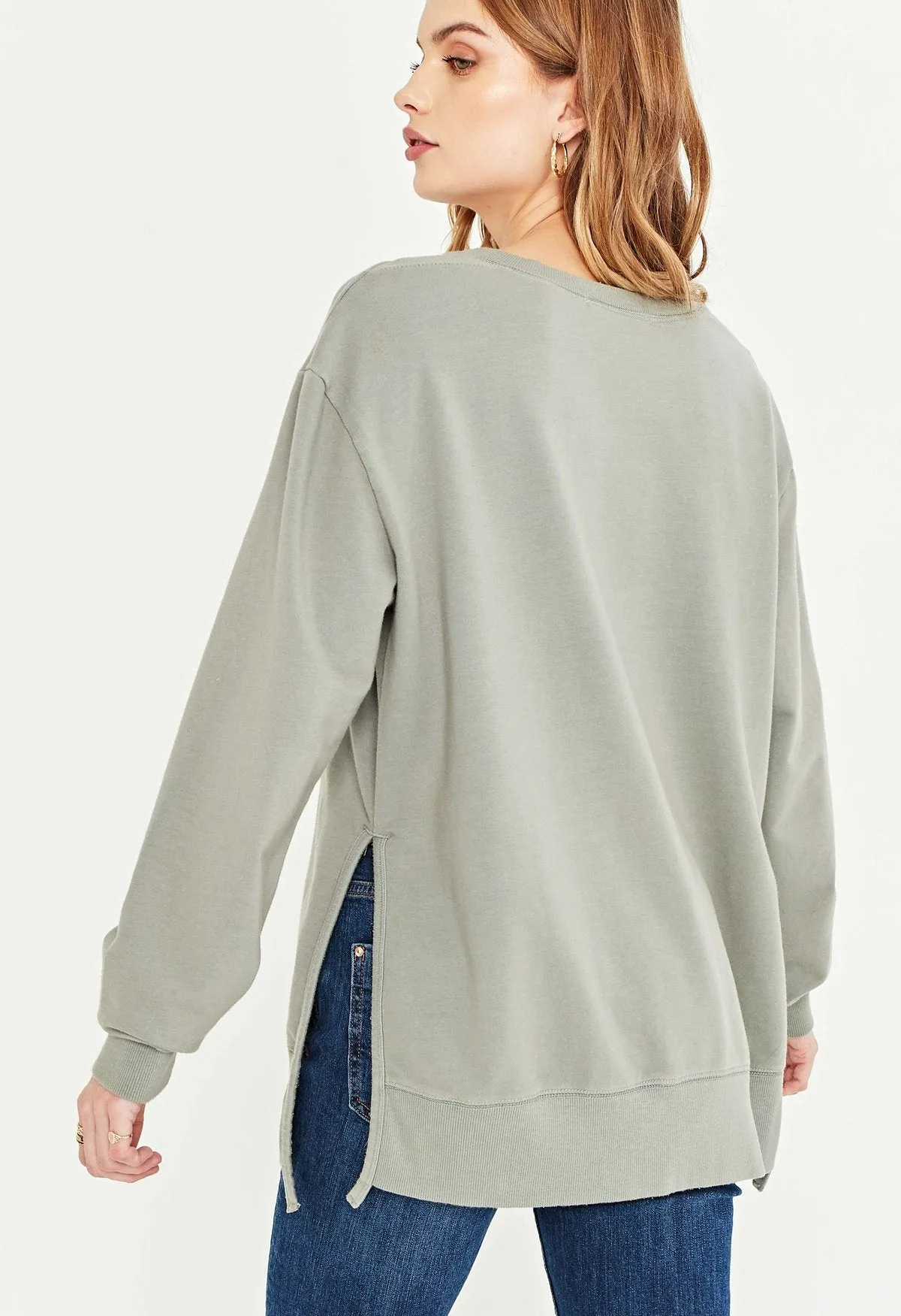 Sage Green Side Slit Crew Sweatshirt