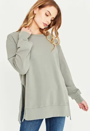 Sage Green Side Slit Crew Sweatshirt