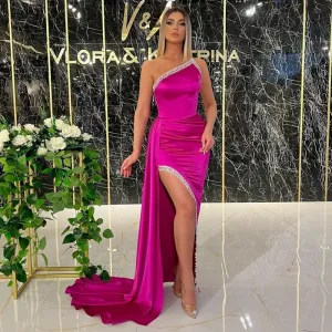 Sexy Prom Dresses One Shoulder Mermaid Evening Dress 2022 Tassel High Split Saudi Arabia Cocktail Party Gown Plus Size