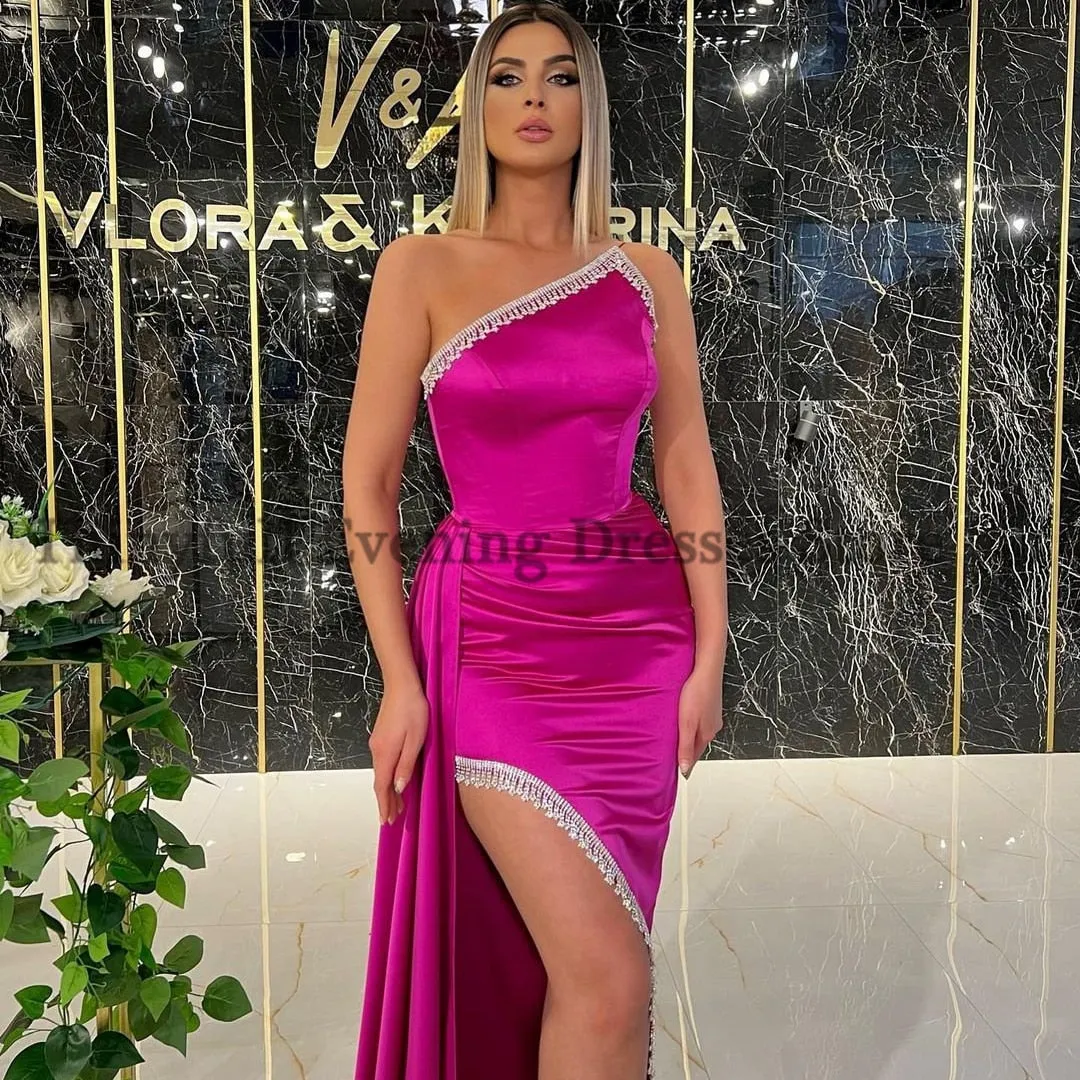 Sexy Prom Dresses One Shoulder Mermaid Evening Dress 2022 Tassel High Split Saudi Arabia Cocktail Party Gown Plus Size