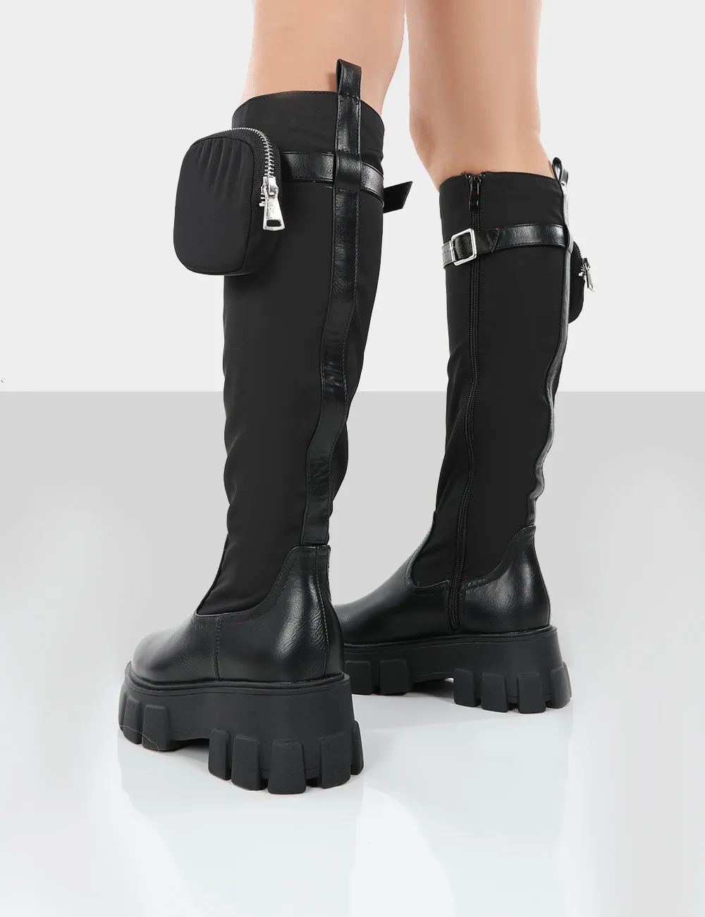 Showing Up Black PU Platform Chunky Sole Pocket Detail Knee High Boots