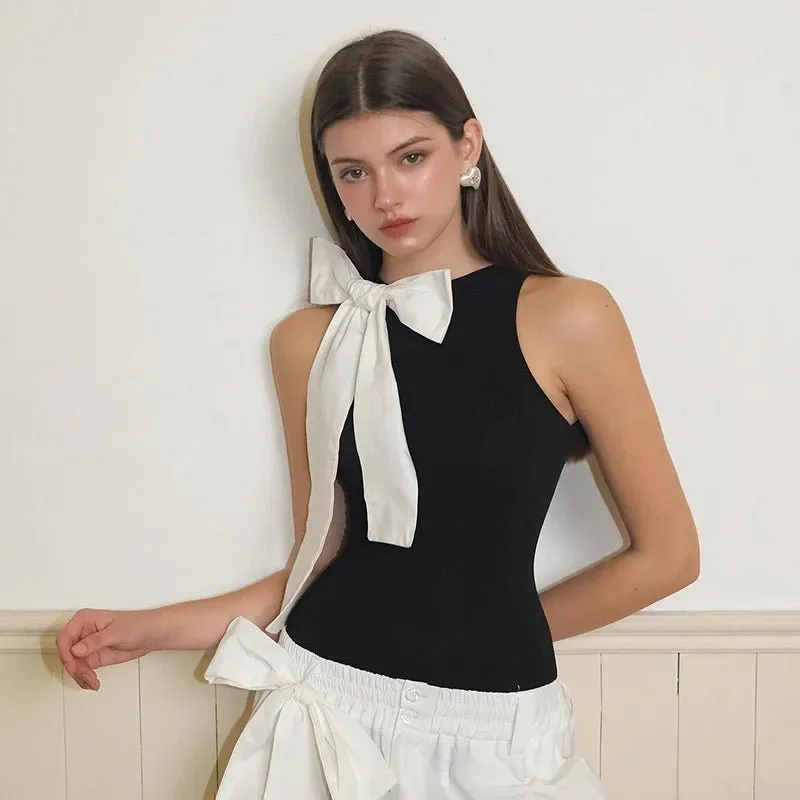 Sleeveless Bow Body Tops for Women | 2024 Summer Slim O Neck Bodysuit