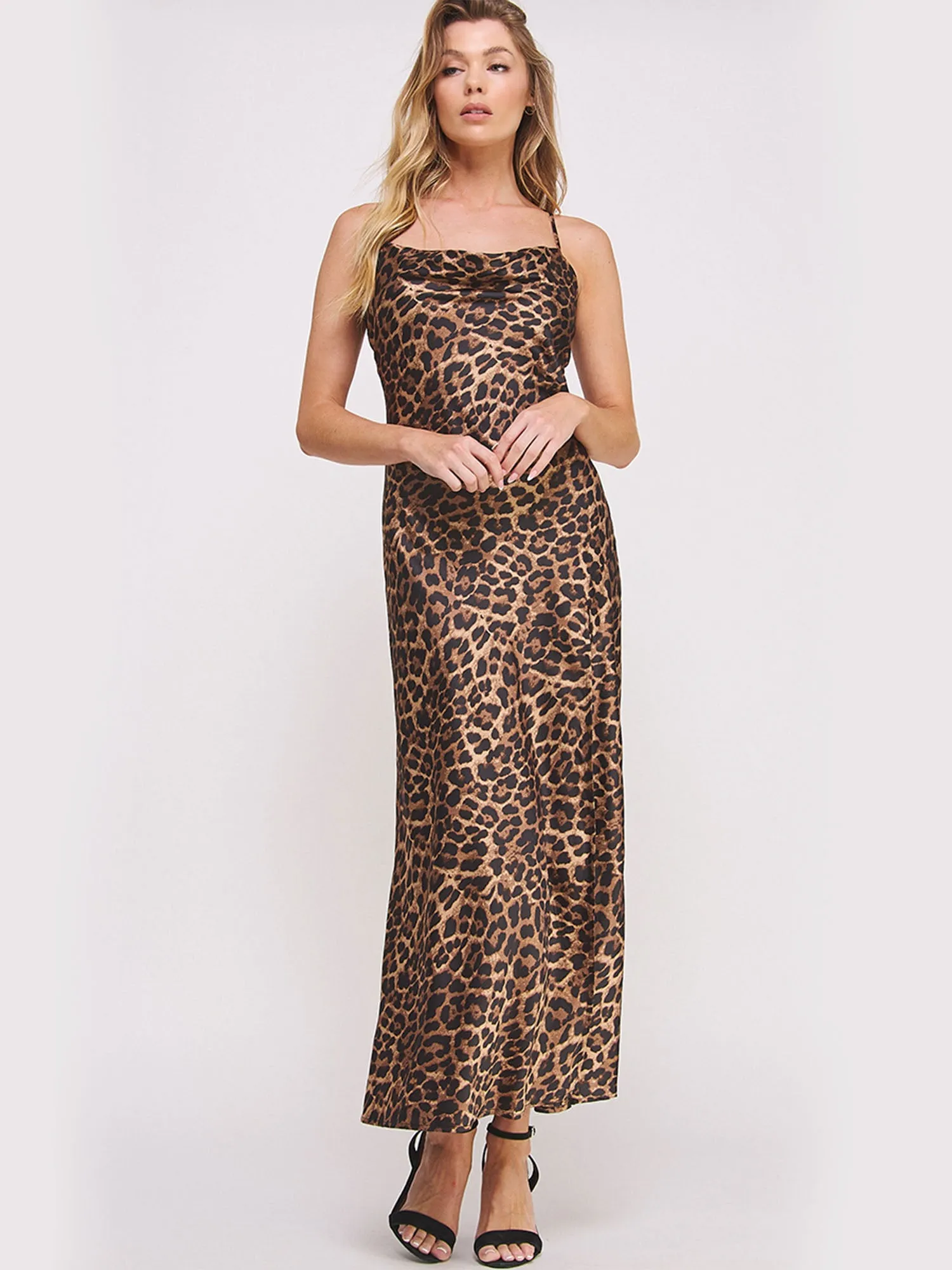 Sleeveless Satin Leopard Maxi Dress