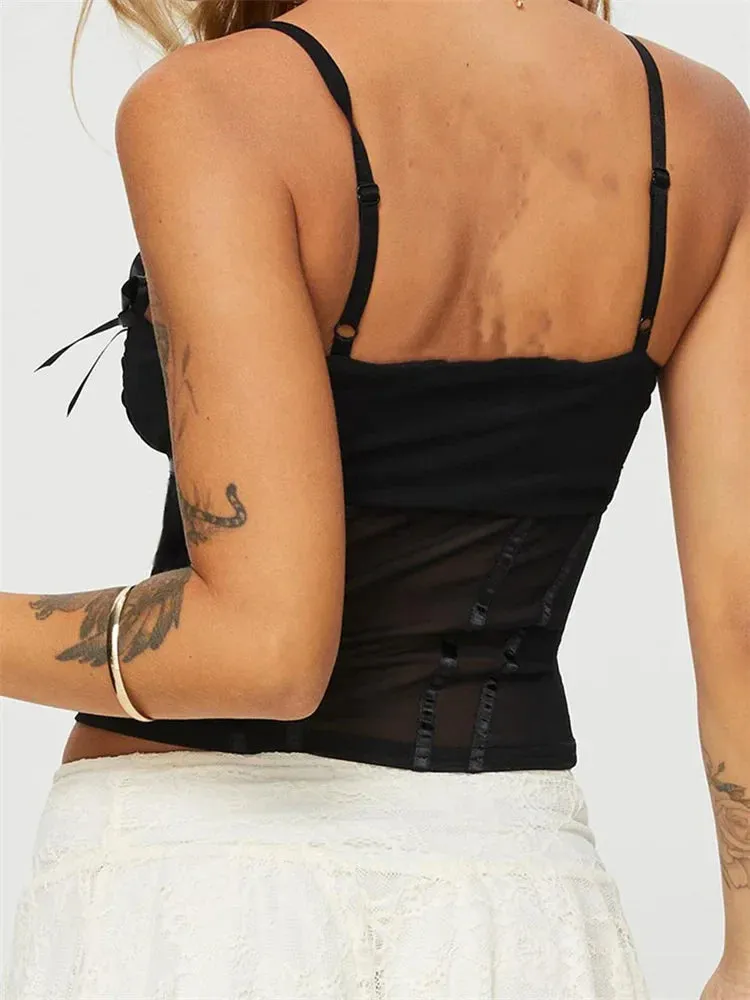 Slim Fit Sleeveless Mesh See Through Bow Patchwork Streetwear Cami Top