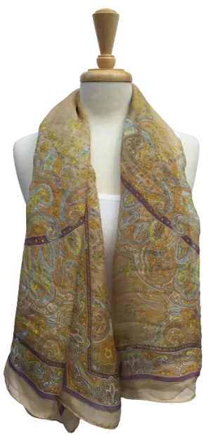 SLK15- Long sheer scarf with paisley print in yellow