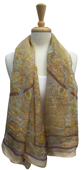 SLK15- Long sheer scarf with paisley print in yellow