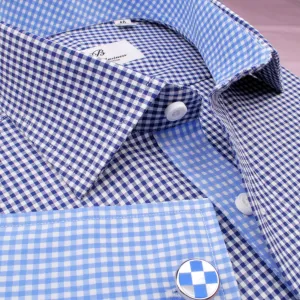 Small Mini Navy Blue Gingham Check Formal Business Dress Shirt with Light Checkered Inner-Lining