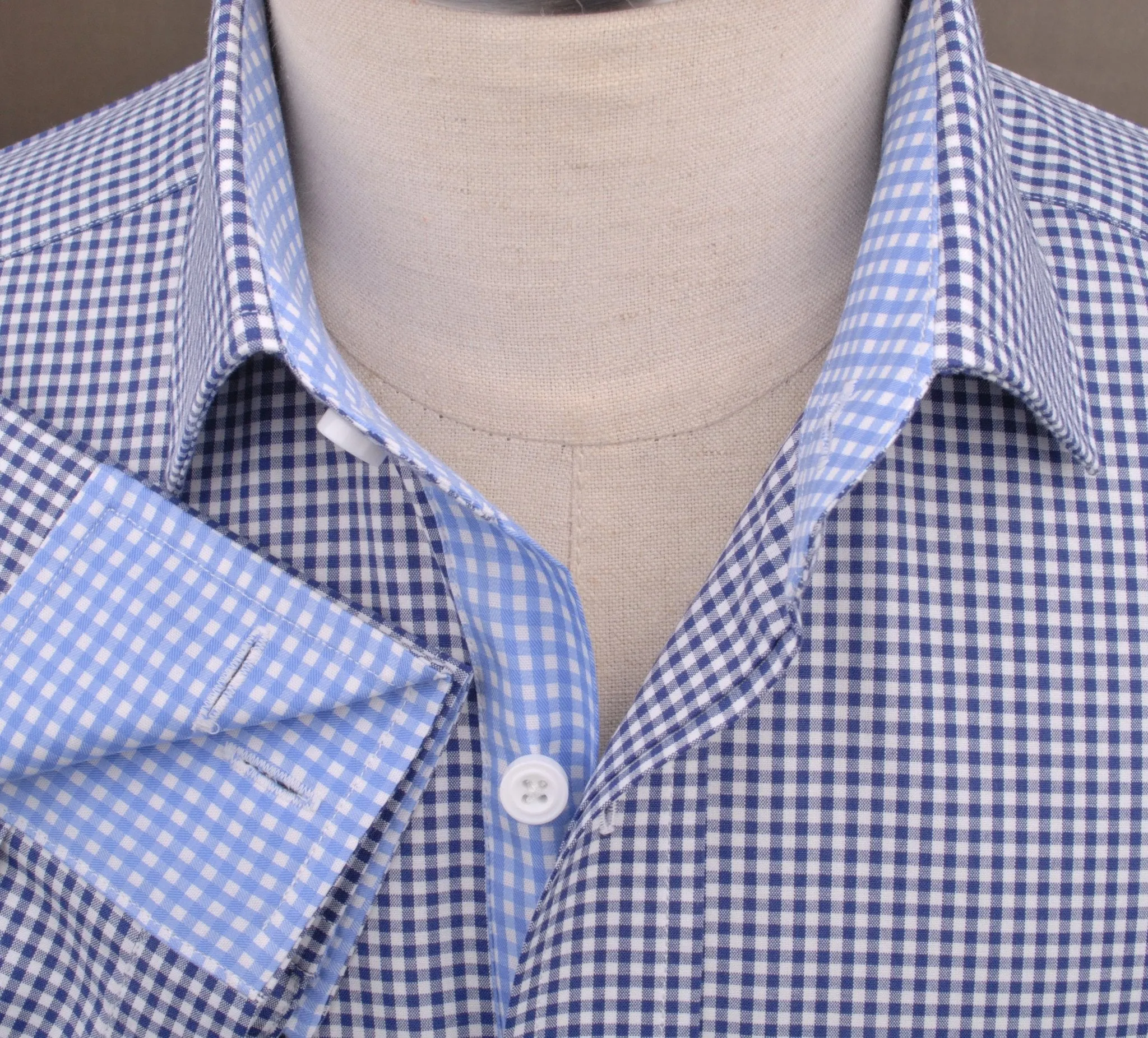 Small Mini Navy Blue Gingham Check Formal Business Dress Shirt with Light Checkered Inner-Lining