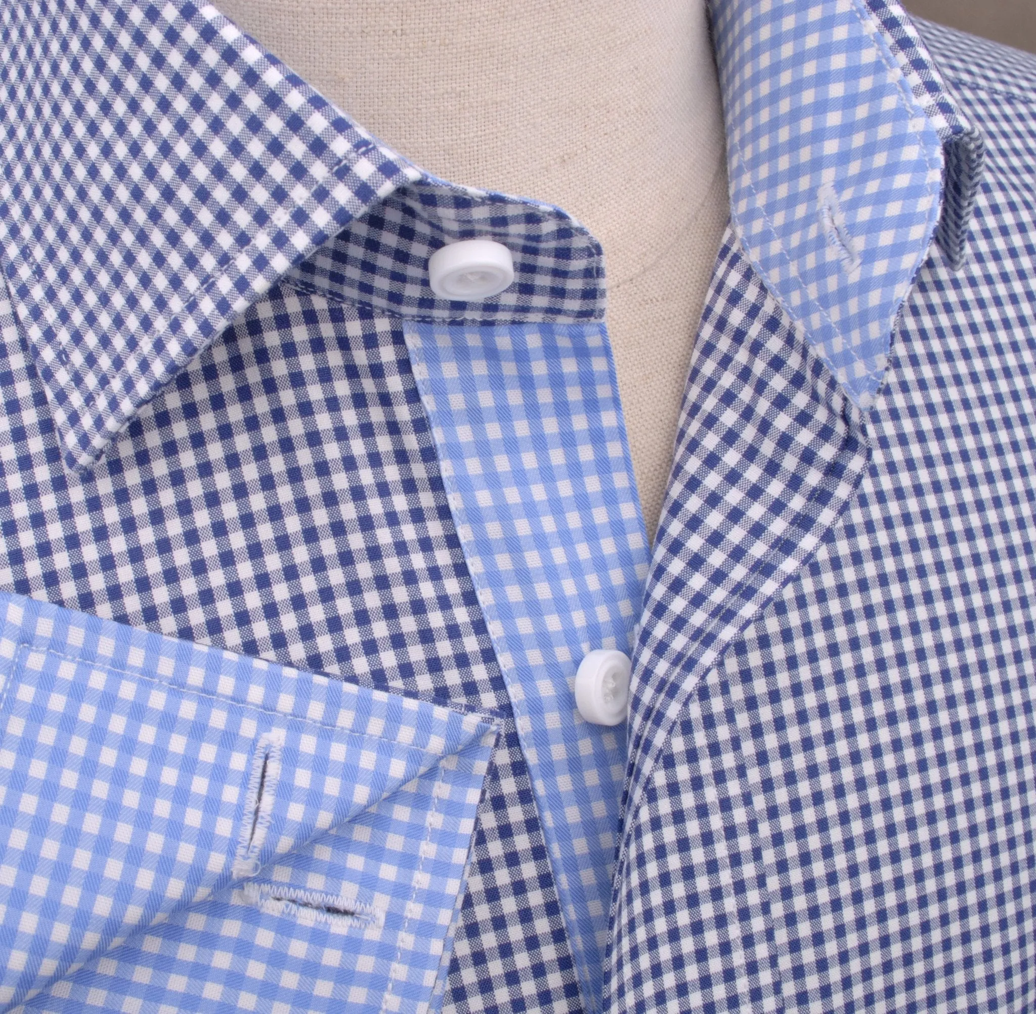 Small Mini Navy Blue Gingham Check Formal Business Dress Shirt with Light Checkered Inner-Lining