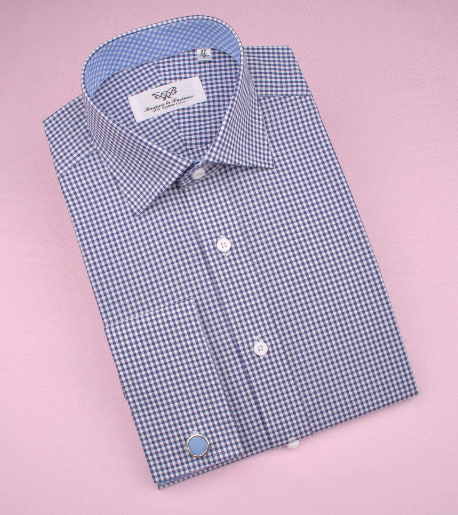 Small Mini Navy Blue Gingham Check Formal Business Dress Shirt with Light Checkered Inner-Lining