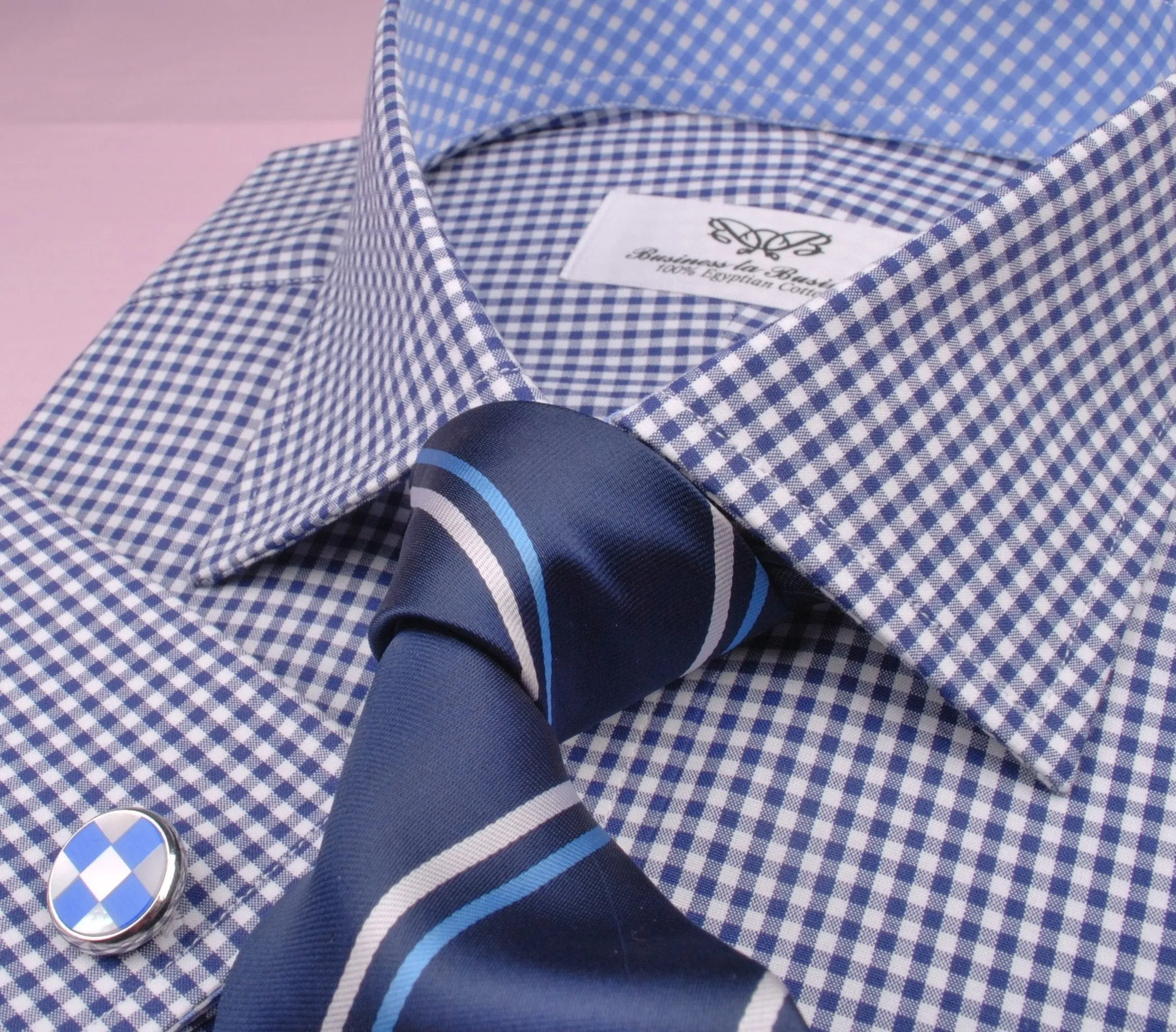 Small Mini Navy Blue Gingham Check Formal Business Dress Shirt with Light Checkered Inner-Lining