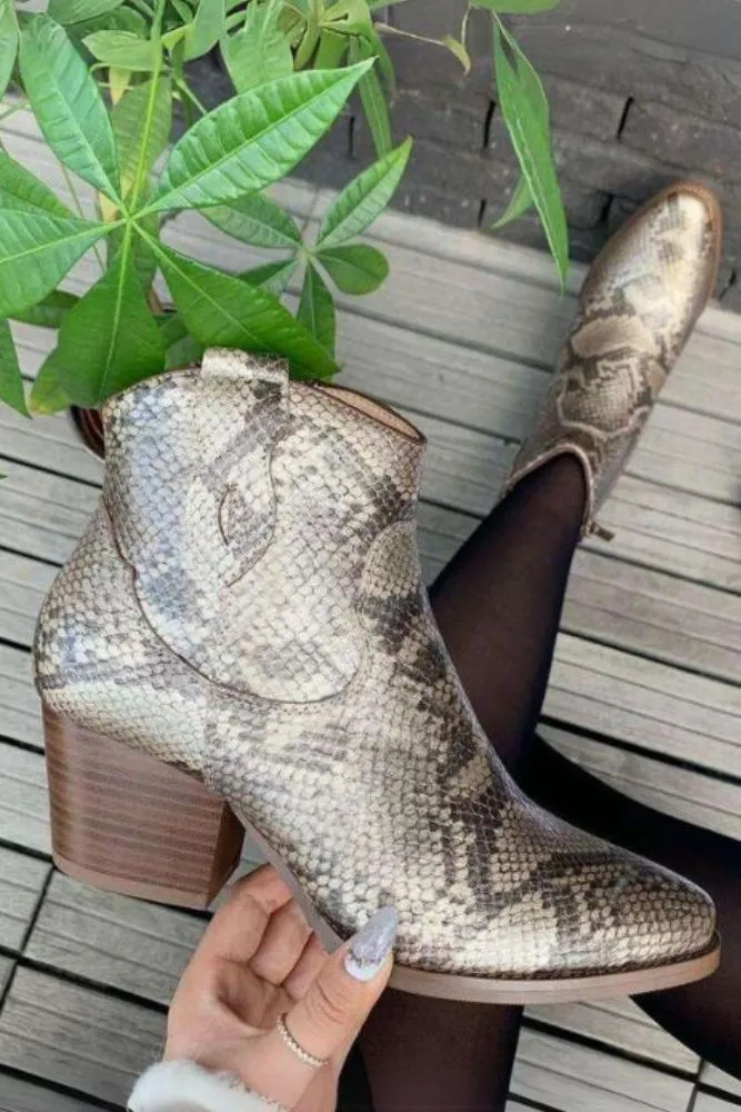 Snake Pattern Block Heel Ankle Boot