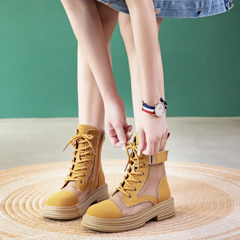 Summer Mesh Breathable Zipper Women's Boots - Yellow